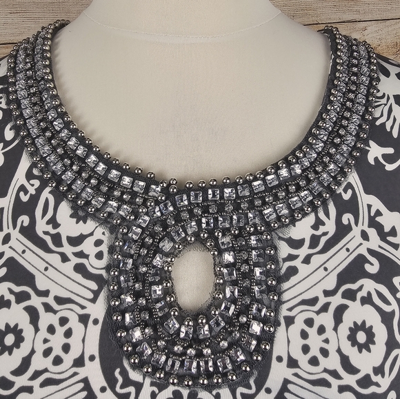 INC International Concepts NWT Rhinestone Collar Gray Paisley Dress Size Large - Picture 3 of 5
